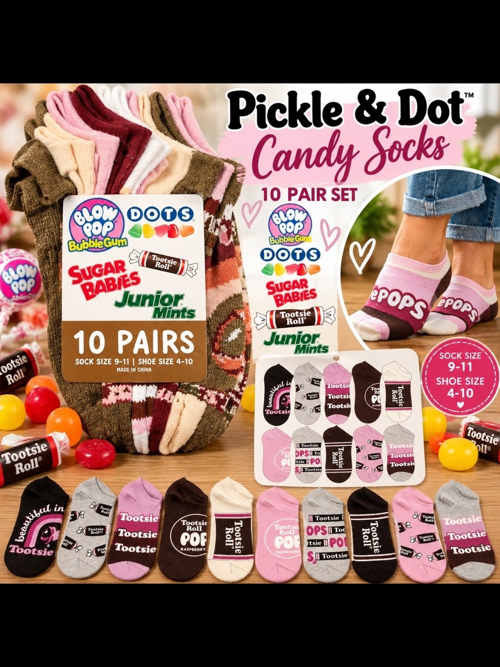 Tootsie Roll Socks 10-Pair Set - Pink, Brown, Cream